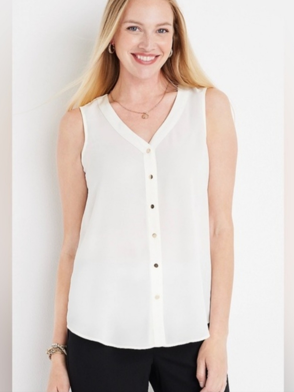 Maurices - White Sheer Sleeveless Button-Up Top With Gold Buttons.